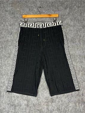Men's Black Flat Front Shorts with Greek Key Trim